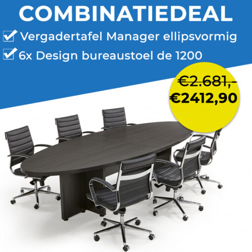 Actie: Vergadertafel Manager Ellipsvormig met 6x Design bureaustoel